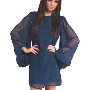 Winter Kate Blue Silk Dress Sheer Puff Statement Sleeves Woman's Small Cocktail